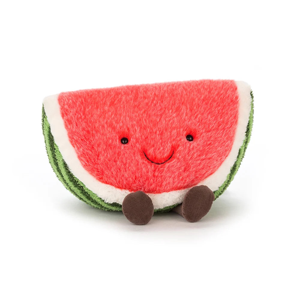 Cuddly and Soft Jellycat Water melon with dangly legs and cute eyes and smile on a white background