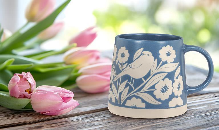 Mug Birds/Leaves Wide Base
