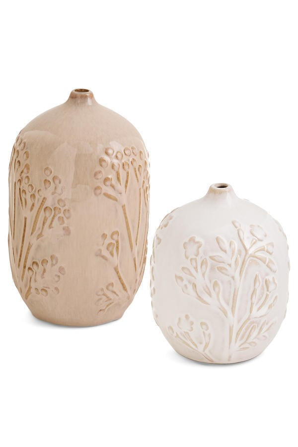 Vase Bud Embossed Leaf Beige