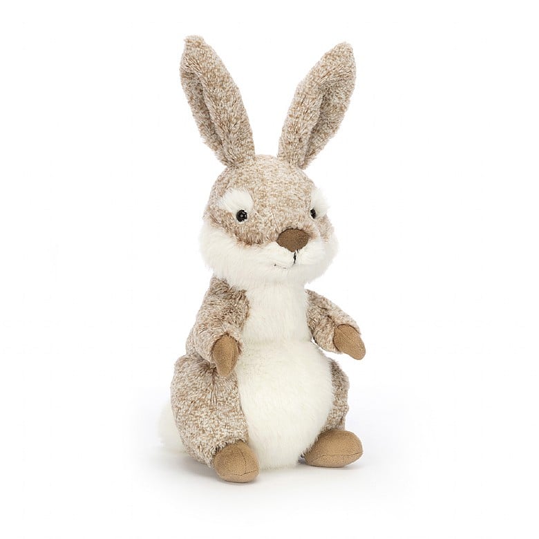 Adorable cuddly oatmeal jellycat bunny with long upright ears sitting on his back legs. 