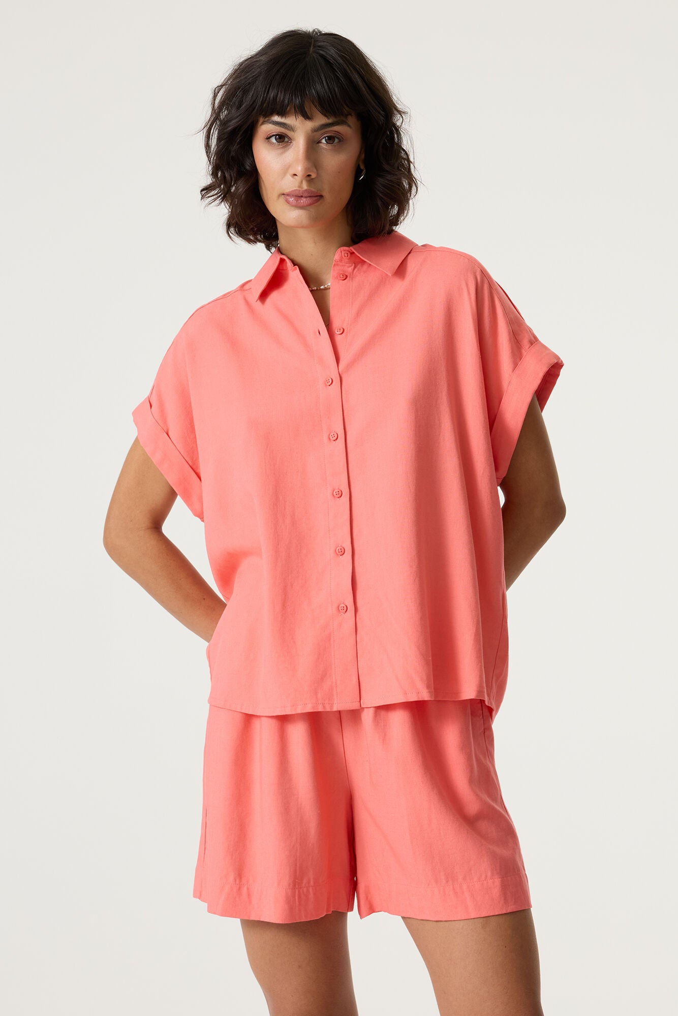 Shirt Linen Coral short sleeve